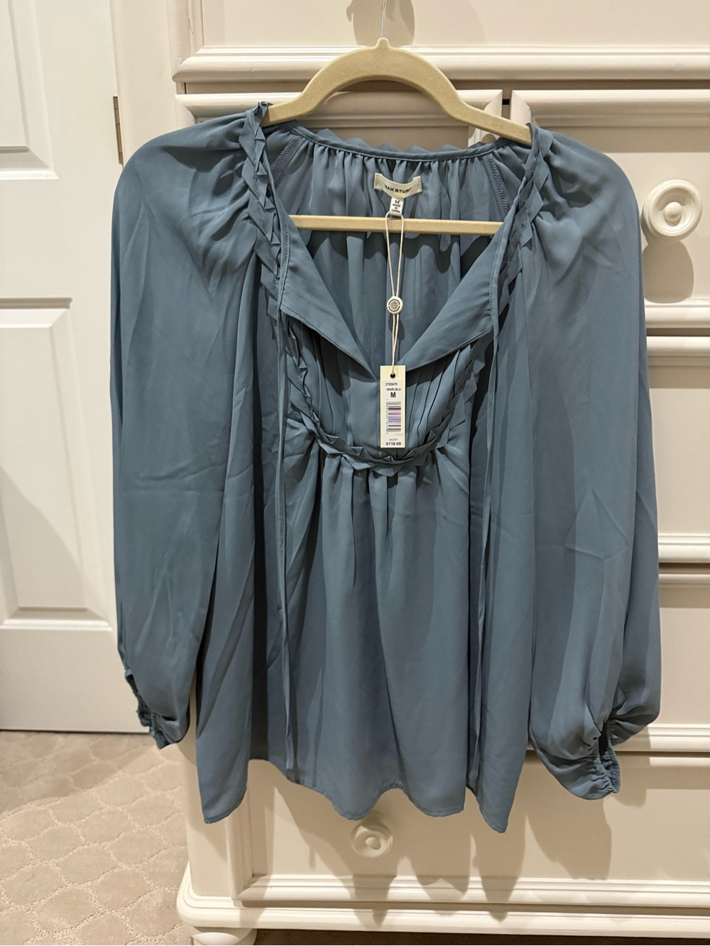 Women's Dusty Blue Peasant Blouse with Braided Trim